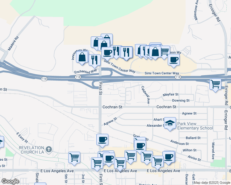 map of restaurants, bars, coffee shops, grocery stores, and more near 1182 Tivoli Lane in Simi Valley