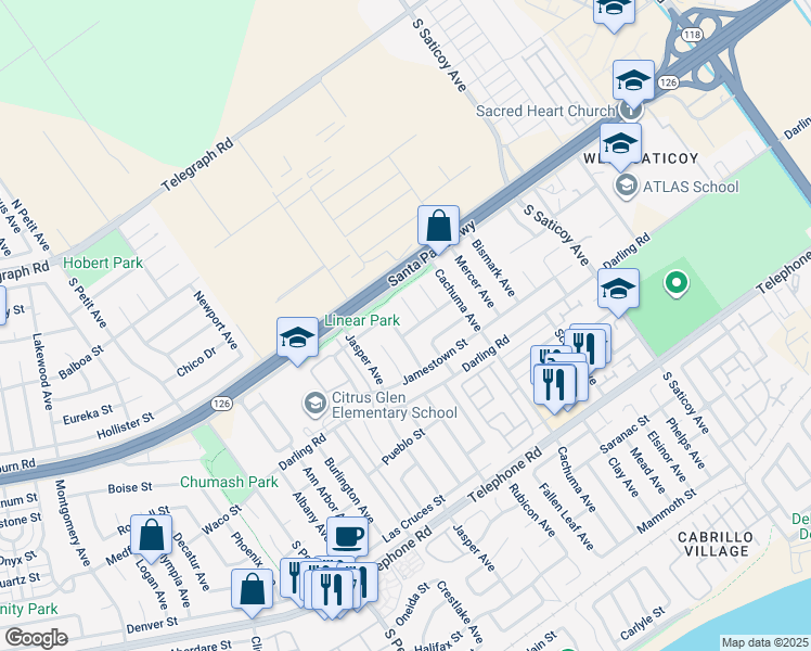 map of restaurants, bars, coffee shops, grocery stores, and more near 10041 Norwalk Street in Ventura