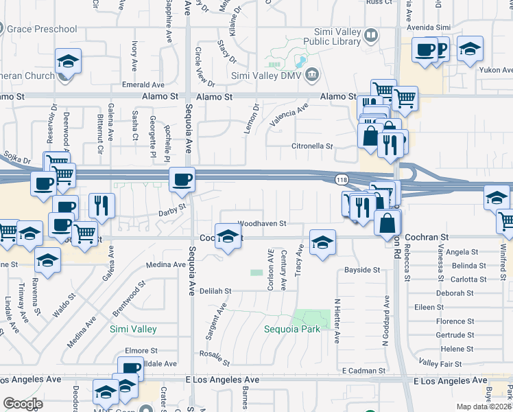 map of restaurants, bars, coffee shops, grocery stores, and more near 3587 Sweetwood Street in Simi Valley