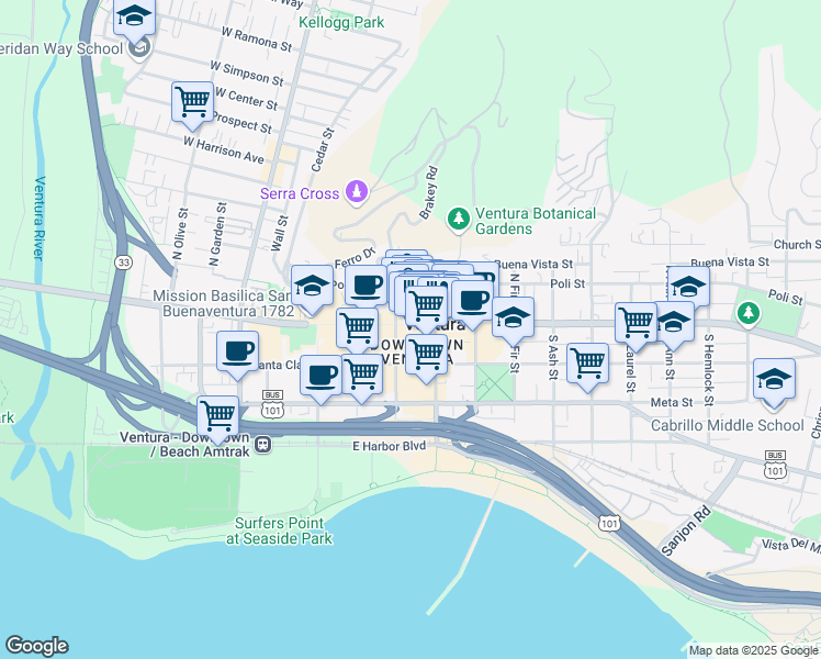 map of restaurants, bars, coffee shops, grocery stores, and more near 477 East Main Street in Ventura