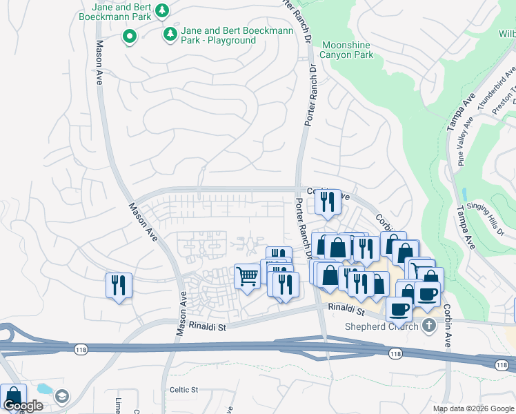 map of restaurants, bars, coffee shops, grocery stores, and more near 20070 Livorno Way in Los Angeles