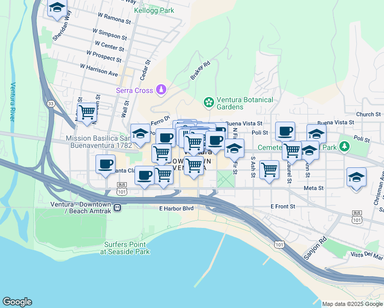 map of restaurants, bars, coffee shops, grocery stores, and more near 477 East Main Street in Ventura
