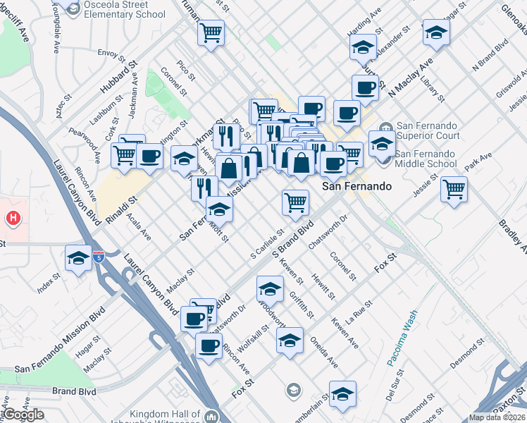 map of restaurants, bars, coffee shops, grocery stores, and more near 1100 Hollister Street in San Fernando