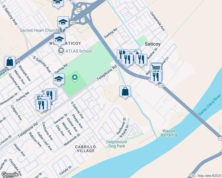 map of restaurants, bars, coffee shops, grocery stores, and more near 1325 stargazer way in Ventura