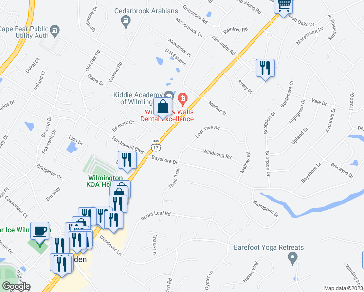 map of restaurants, bars, coffee shops, grocery stores, and more near 7517 Lost Tree Road in Wilmington