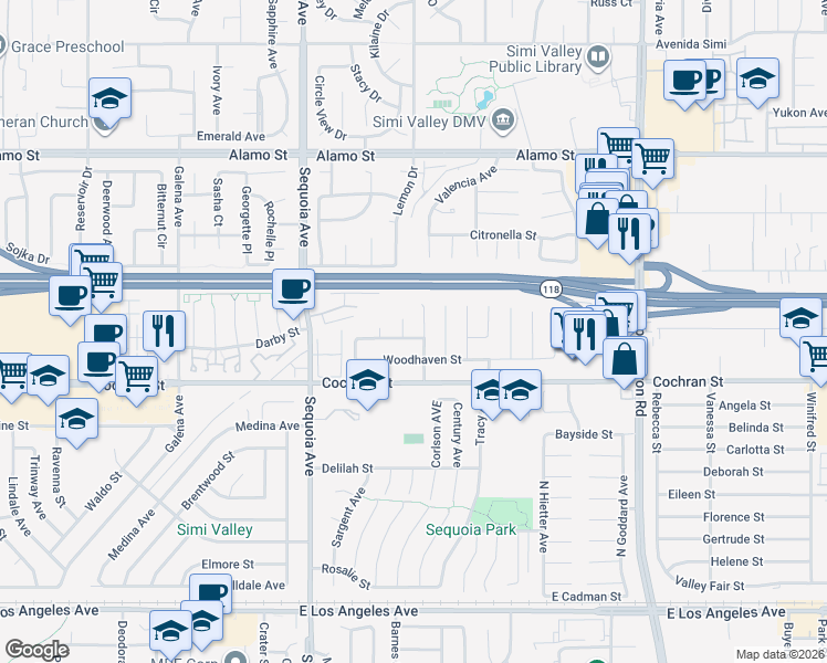 map of restaurants, bars, coffee shops, grocery stores, and more near 3587 Sweetwood Street in Simi Valley