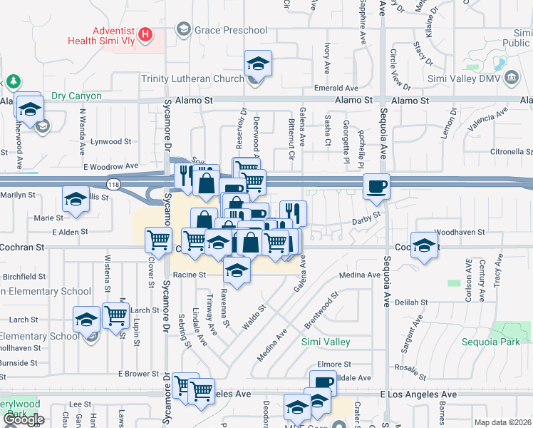 map of restaurants, bars, coffee shops, grocery stores, and more near 2505 Little Rock Lane in Simi Valley