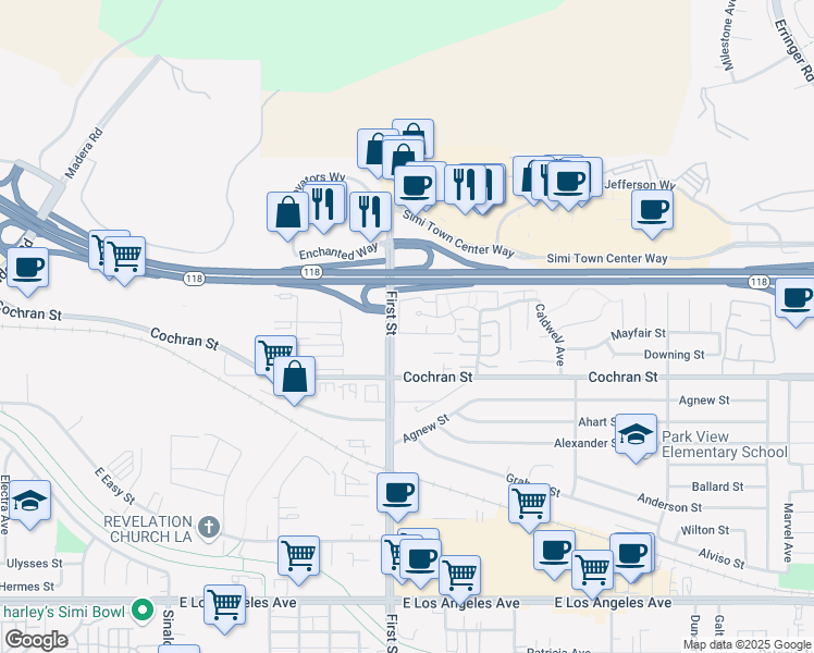 map of restaurants, bars, coffee shops, grocery stores, and more near 1124 Tivoli Lane in Simi Valley