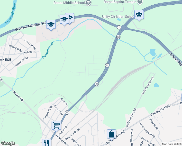map of restaurants, bars, coffee shops, grocery stores, and more near 2651 North Broad Extended Northeast in Rome
