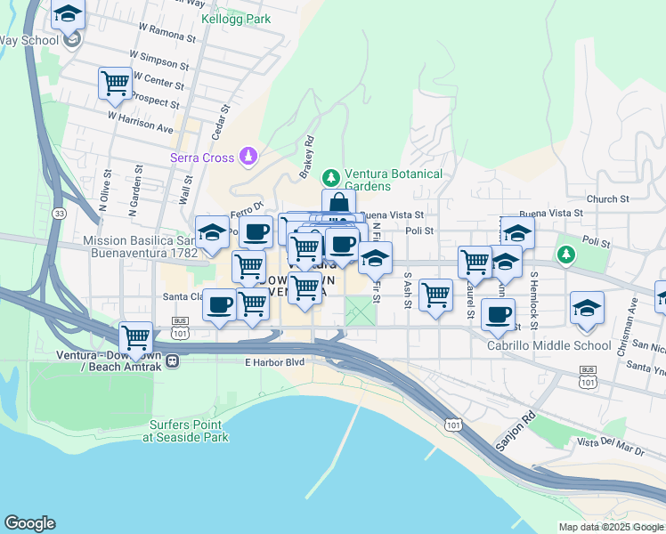 map of restaurants, bars, coffee shops, grocery stores, and more near 573 East Main Street in Ventura