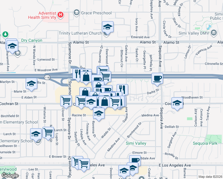 map of restaurants, bars, coffee shops, grocery stores, and more near 2505 Little Rock Lane in Simi Valley