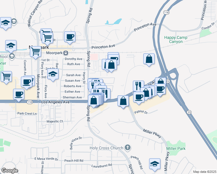 map of restaurants, bars, coffee shops, grocery stores, and more near 577 Spring Road in Moorpark