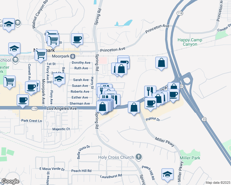 map of restaurants, bars, coffee shops, grocery stores, and more near 565 Spring Road in Moorpark