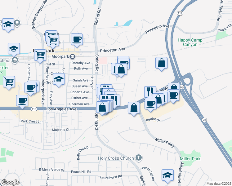 map of restaurants, bars, coffee shops, grocery stores, and more near 565 Spring Road in Moorpark