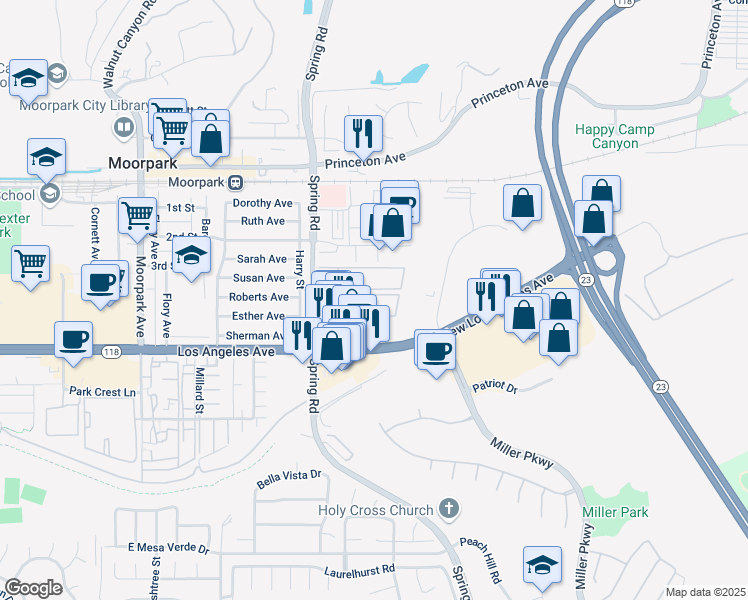 map of restaurants, bars, coffee shops, grocery stores, and more near 565 Spring Road in Moorpark