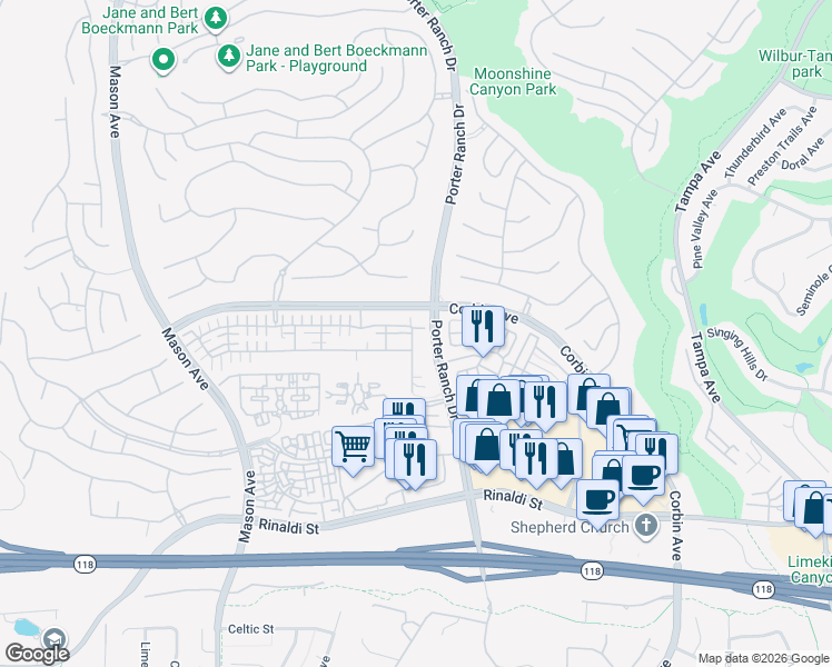 map of restaurants, bars, coffee shops, grocery stores, and more near 20030 Livorno Way in Los Angeles