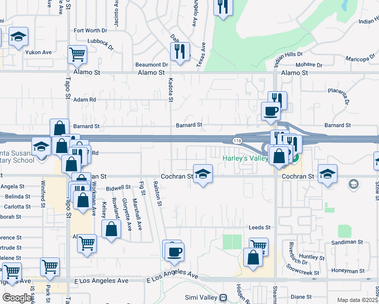 map of restaurants, bars, coffee shops, grocery stores, and more near 2534 Pathway Avenue in Simi Valley