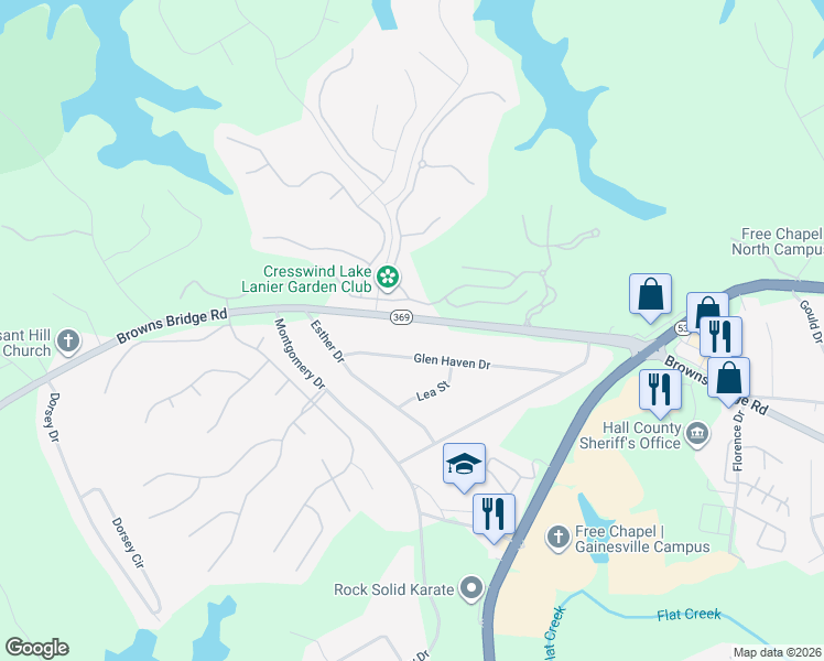 map of restaurants, bars, coffee shops, grocery stores, and more near 3075 Browns Bridge Road in Gainesville
