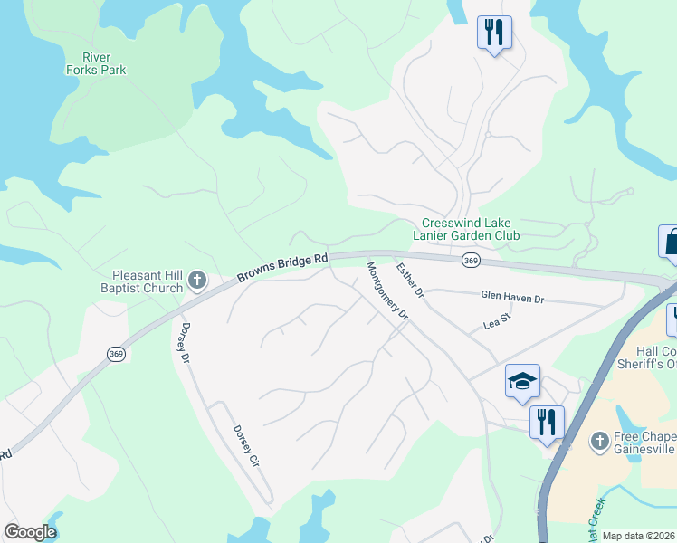 map of restaurants, bars, coffee shops, grocery stores, and more near 3507 Cresswind Parkway Southwest in Gainesville
