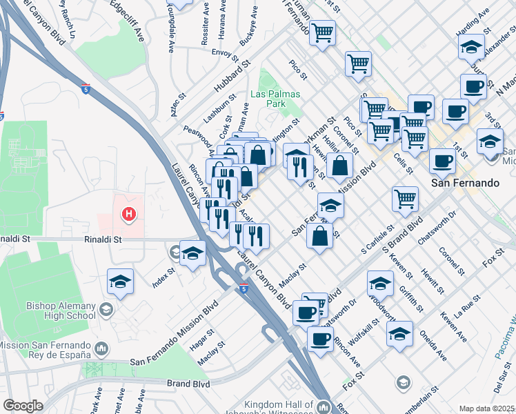 map of restaurants, bars, coffee shops, grocery stores, and more near 11590 Amboy Avenue in San Fernando