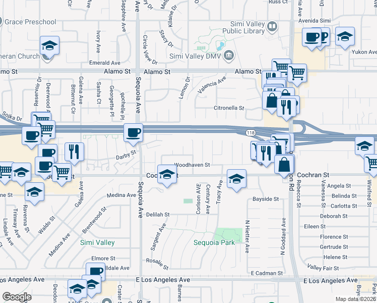 map of restaurants, bars, coffee shops, grocery stores, and more near 2511 Parkdale Avenue in Simi Valley