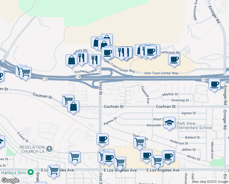 map of restaurants, bars, coffee shops, grocery stores, and more near 1158 Tivoli Lane in Simi Valley