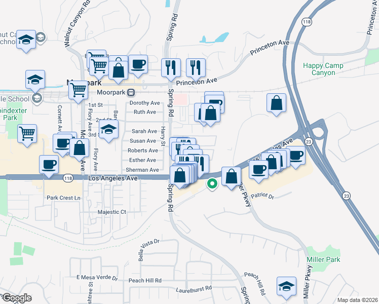map of restaurants, bars, coffee shops, grocery stores, and more near 600 Spring Road in Moorpark