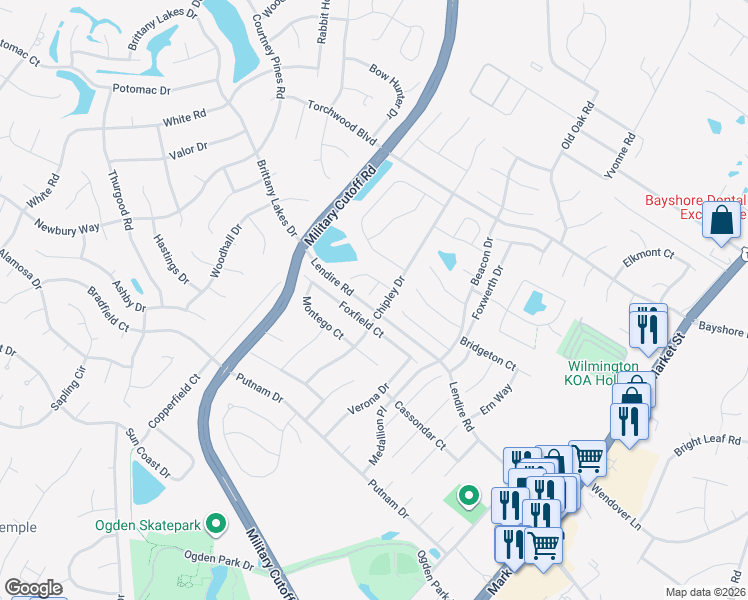 map of restaurants, bars, coffee shops, grocery stores, and more near 7312 Pamlico Court in Wilmington