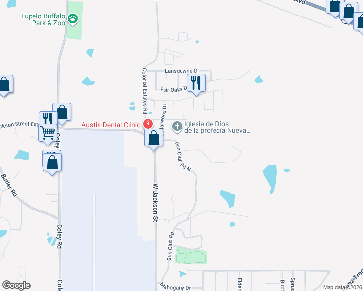 map of restaurants, bars, coffee shops, grocery stores, and more near 1712 N Gun Club North in Tupelo