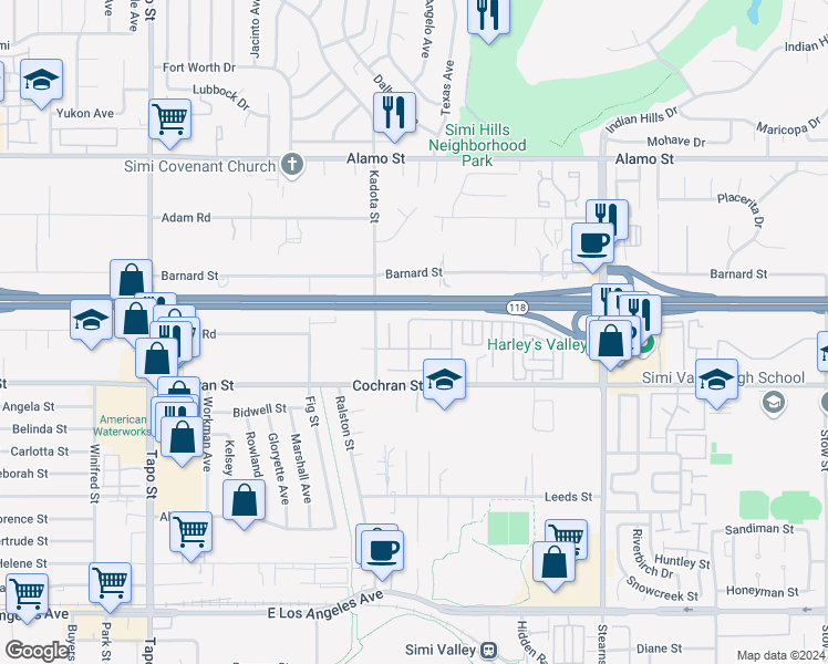 map of restaurants, bars, coffee shops, grocery stores, and more near 2534 Pathway Avenue in Simi Valley