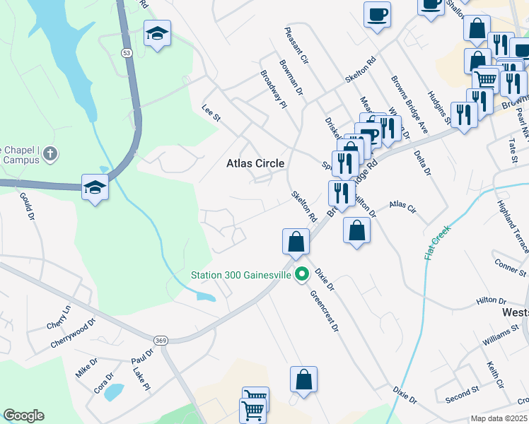 map of restaurants, bars, coffee shops, grocery stores, and more near 2341 Spring Haven Drive Southwest in Gainesville