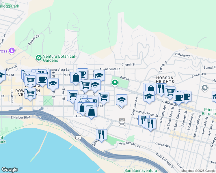 map of restaurants, bars, coffee shops, grocery stores, and more near 1239 East Main Street in Ventura