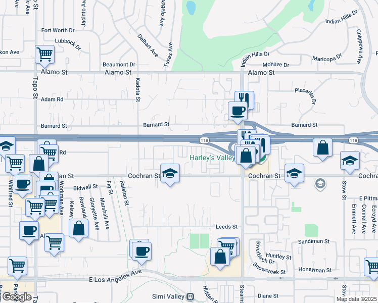 map of restaurants, bars, coffee shops, grocery stores, and more near 2547 Canterbury Lane in Simi Valley