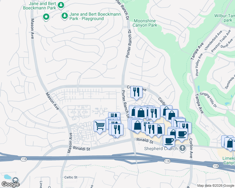 map of restaurants, bars, coffee shops, grocery stores, and more near 20030 Livorno Way in Los Angeles