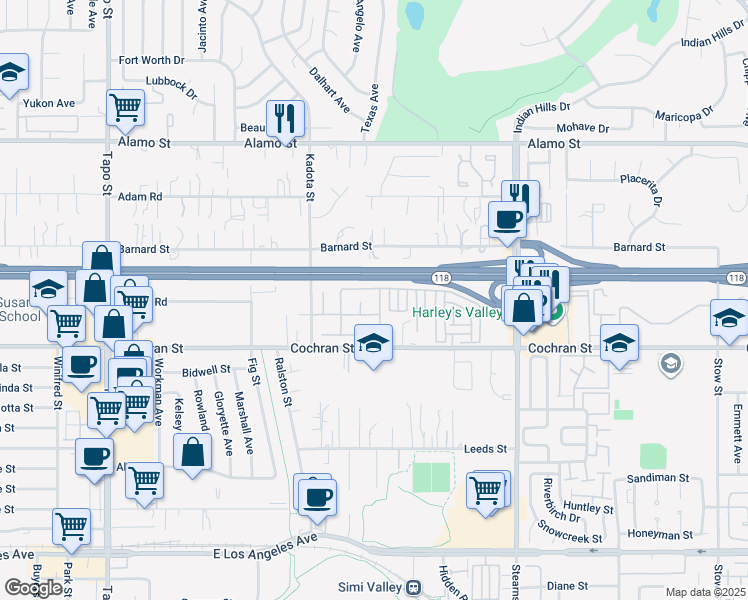 map of restaurants, bars, coffee shops, grocery stores, and more near 2535 Parade Avenue in Simi Valley