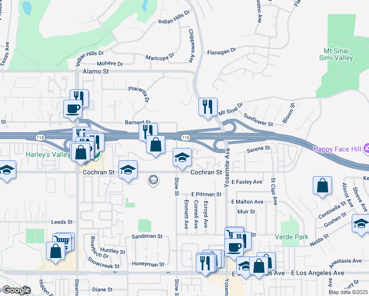 map of restaurants, bars, coffee shops, grocery stores, and more near 2448 Stow Street in Simi Valley