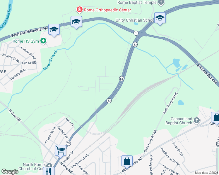map of restaurants, bars, coffee shops, grocery stores, and more near 2651 North Broad Extended Northeast in Rome