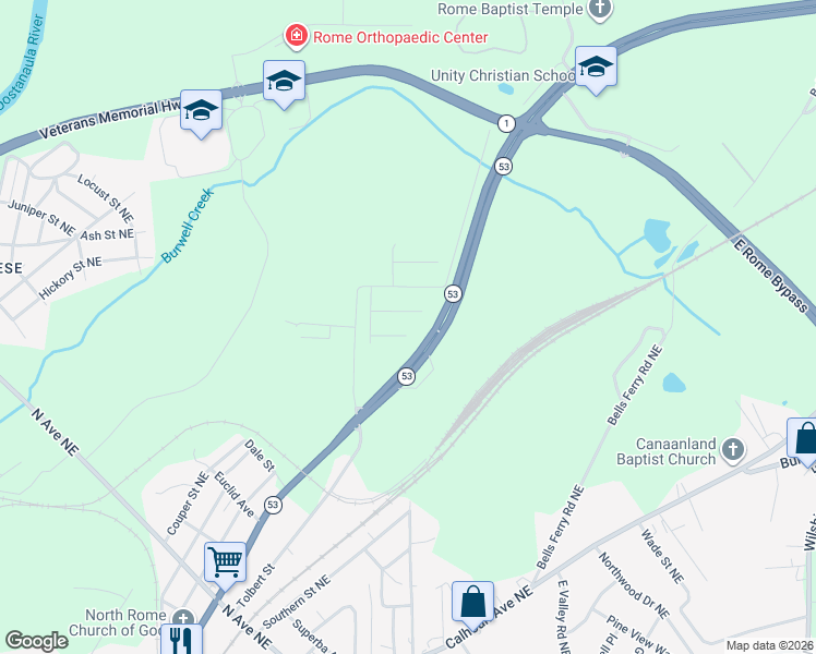 map of restaurants, bars, coffee shops, grocery stores, and more near 2651 North Broad Extended Northeast in Rome