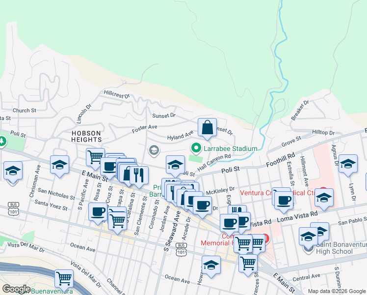 map of restaurants, bars, coffee shops, grocery stores, and more near 2285 El Jardin Avenue in Ventura