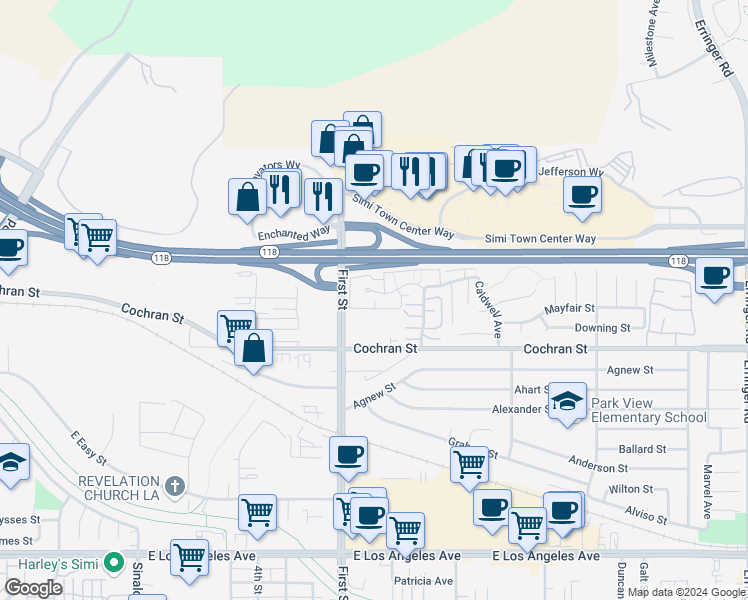 map of restaurants, bars, coffee shops, grocery stores, and more near 1158 Tivoli Lane in Simi Valley
