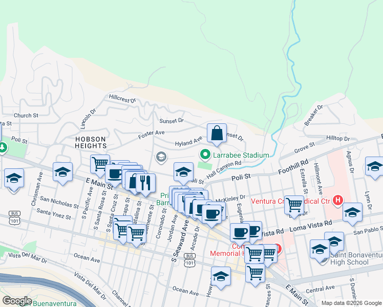 map of restaurants, bars, coffee shops, grocery stores, and more near 2285 El Jardin Avenue in Ventura