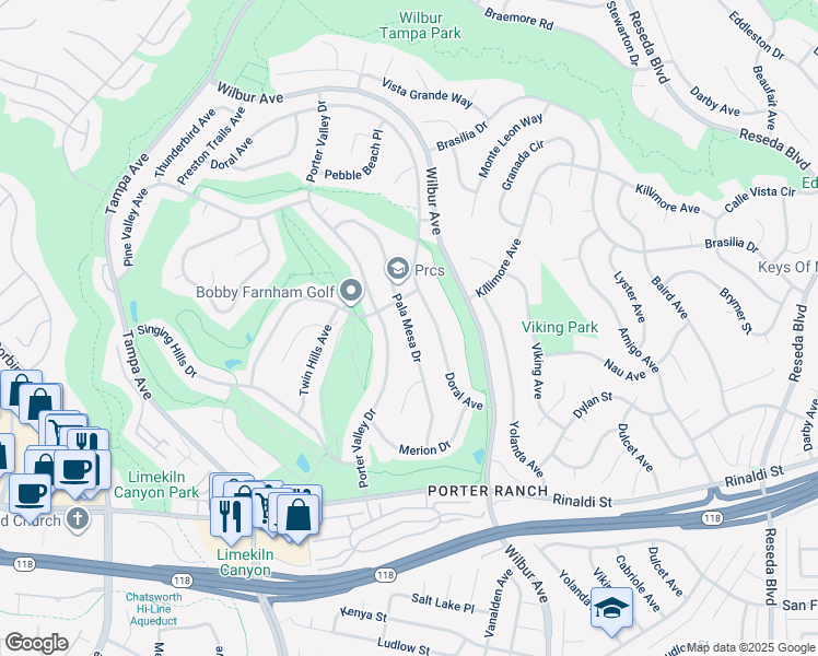 map of restaurants, bars, coffee shops, grocery stores, and more near 11518 Pala Mesa Drive in Los Angeles