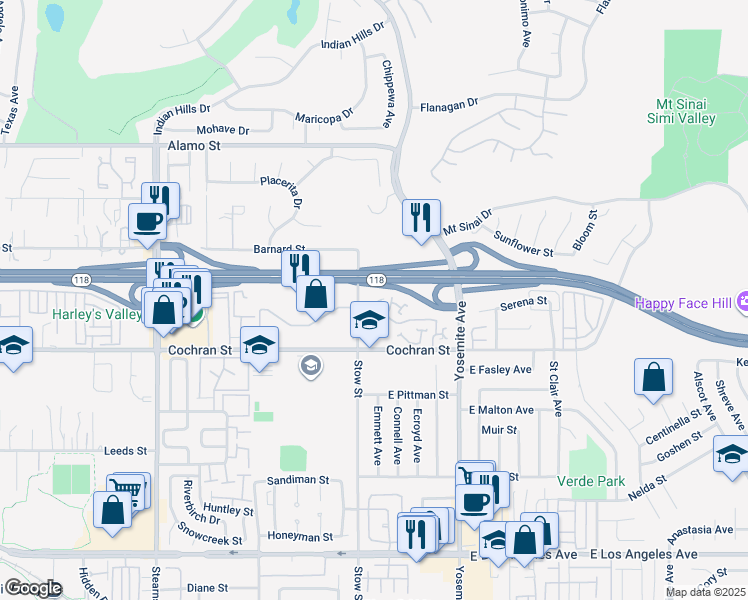 map of restaurants, bars, coffee shops, grocery stores, and more near 2448 Stow Street in Simi Valley