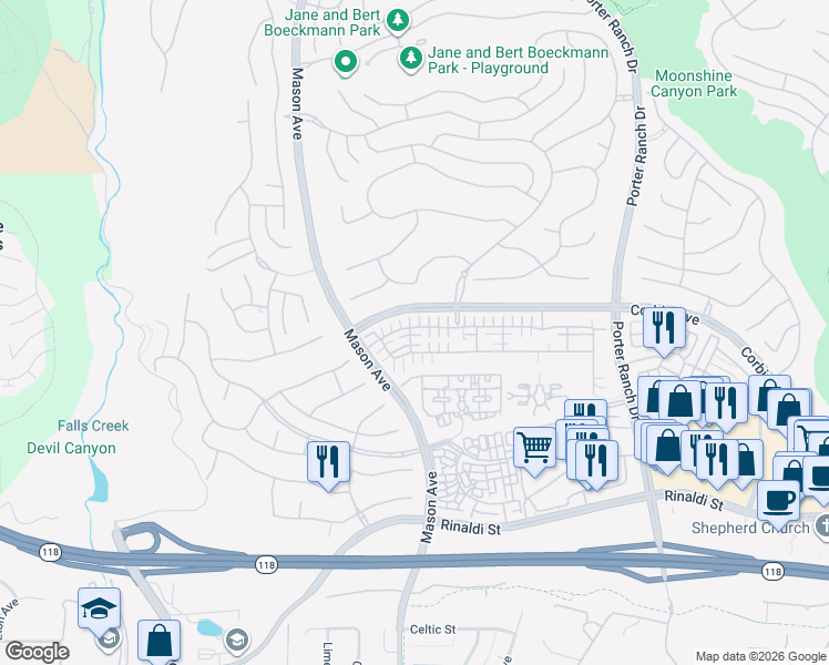 map of restaurants, bars, coffee shops, grocery stores, and more near 20347 Livorno Way in Los Angeles