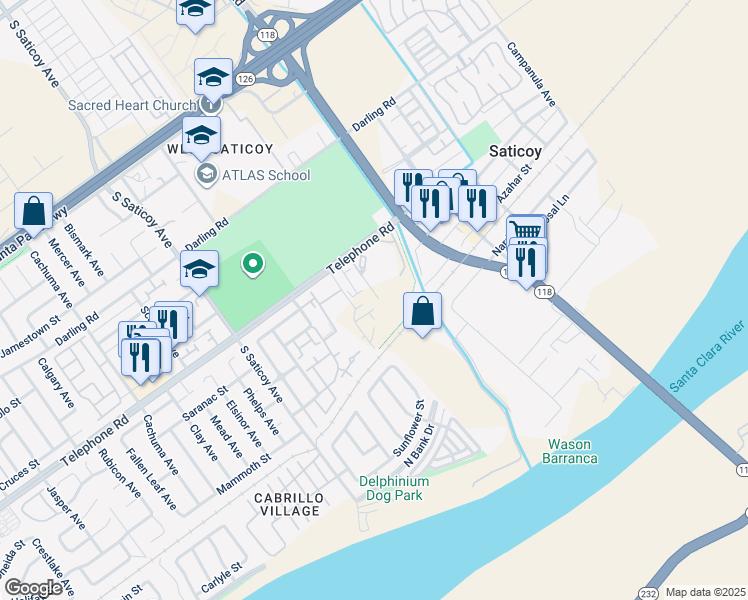 map of restaurants, bars, coffee shops, grocery stores, and more near 1325 stargazer way in Ventura
