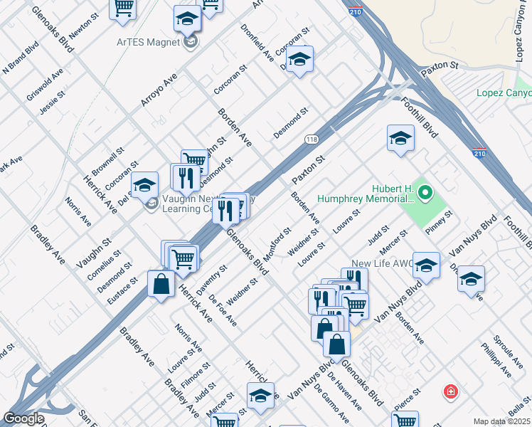 map of restaurants, bars, coffee shops, grocery stores, and more near 13018 Paxton Street in Los Angeles