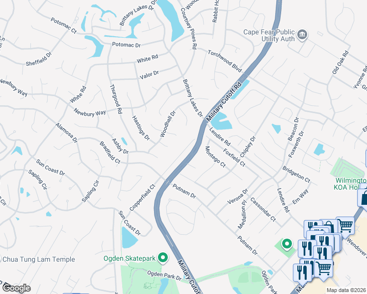map of restaurants, bars, coffee shops, grocery stores, and more near 7267 Copperfield Court in Wilmington