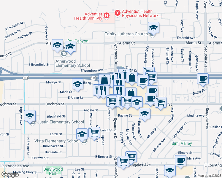 map of restaurants, bars, coffee shops, grocery stores, and more near 2577 Sycamore Drive in Simi Valley
