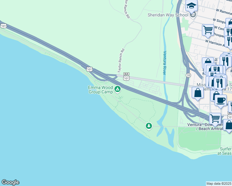 map of restaurants, bars, coffee shops, grocery stores, and more near in Ventura