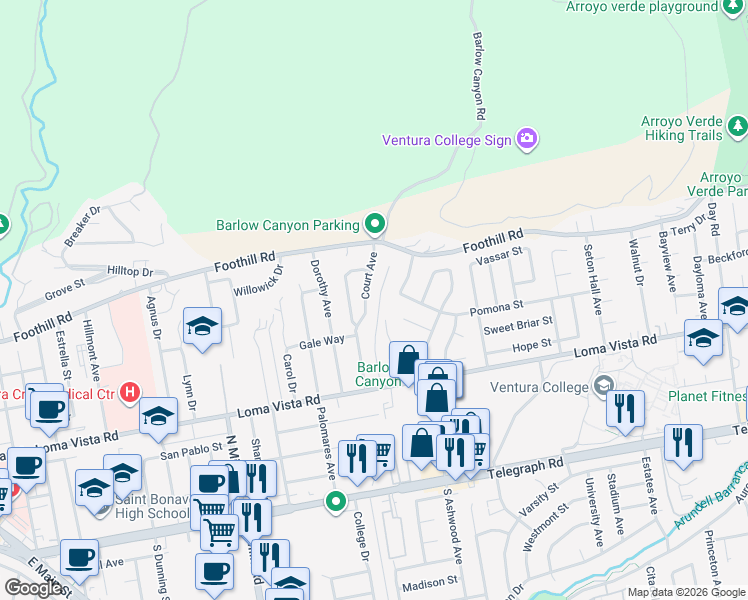map of restaurants, bars, coffee shops, grocery stores, and more near 366 Court Avenue in Ventura